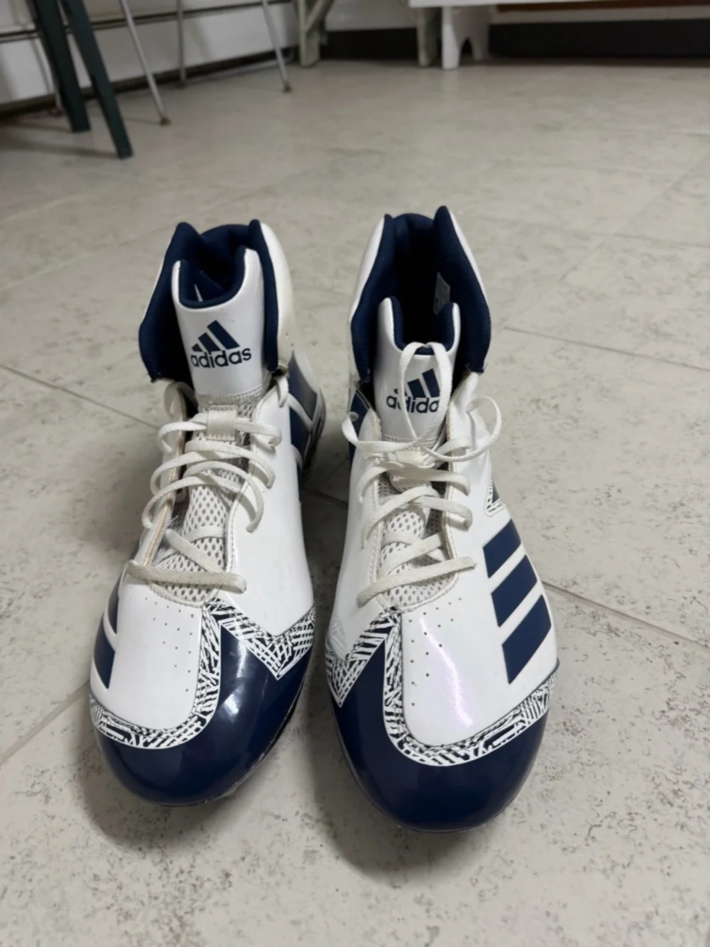 adidas Freak Men’s size 17 White & Navy High-Top Football Sneakers with cleats